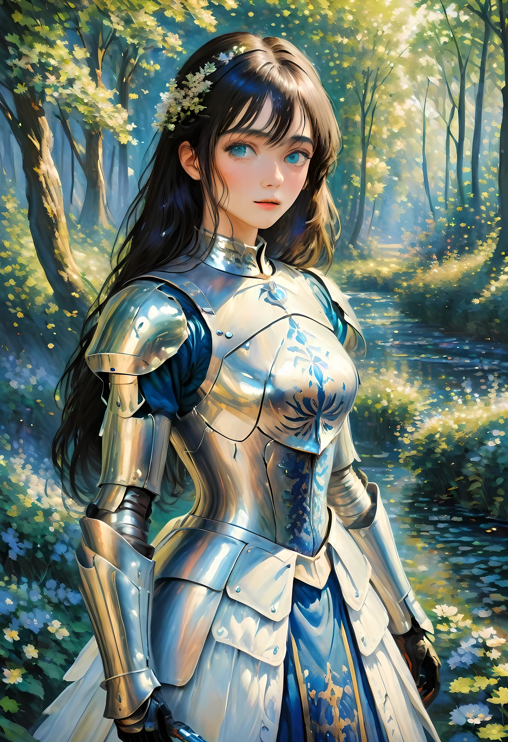 (claudio Monet Style:1.5) claudio_Pintura estilo Monet., Una imagen de una mujer paladín de la naturaleza protegiendo el bosque., una mujer caballero, pelo negro, pelo largo, cuerpo completo (mejores detalles, obra maestra, mejor calidad :1.5), ultra detallado face (mejores detalles, obra maestra, mejor calidad :1.5), ultrafemenina (mejores detalles, obra maestra, mejor calidad :1.5), pelo negro, pelo largo, pelo trenzado, Piel pálida, (azul profundo: 1.2) eyes, intense eyes, llevando una armadura pesada, armadura blanca (mejores detalles, obra maestra, mejor calidad :1.5), verde cloak, Armado con una espada, espada resplandeciente GlowingRunes_verde, fondo del bosque de fantasía, d&d art, arte de rol, atmosfera magica magico-fantasia-bosque, ultra mejor realista, mejores detalles, mejor calidad, 16k, [ultra detallado], obra maestra, mejor calidad, (extremadamente detallado), tiro ultra ancho, photorealism, profundidad de campo, pintura hiperrealista, Armoreddress