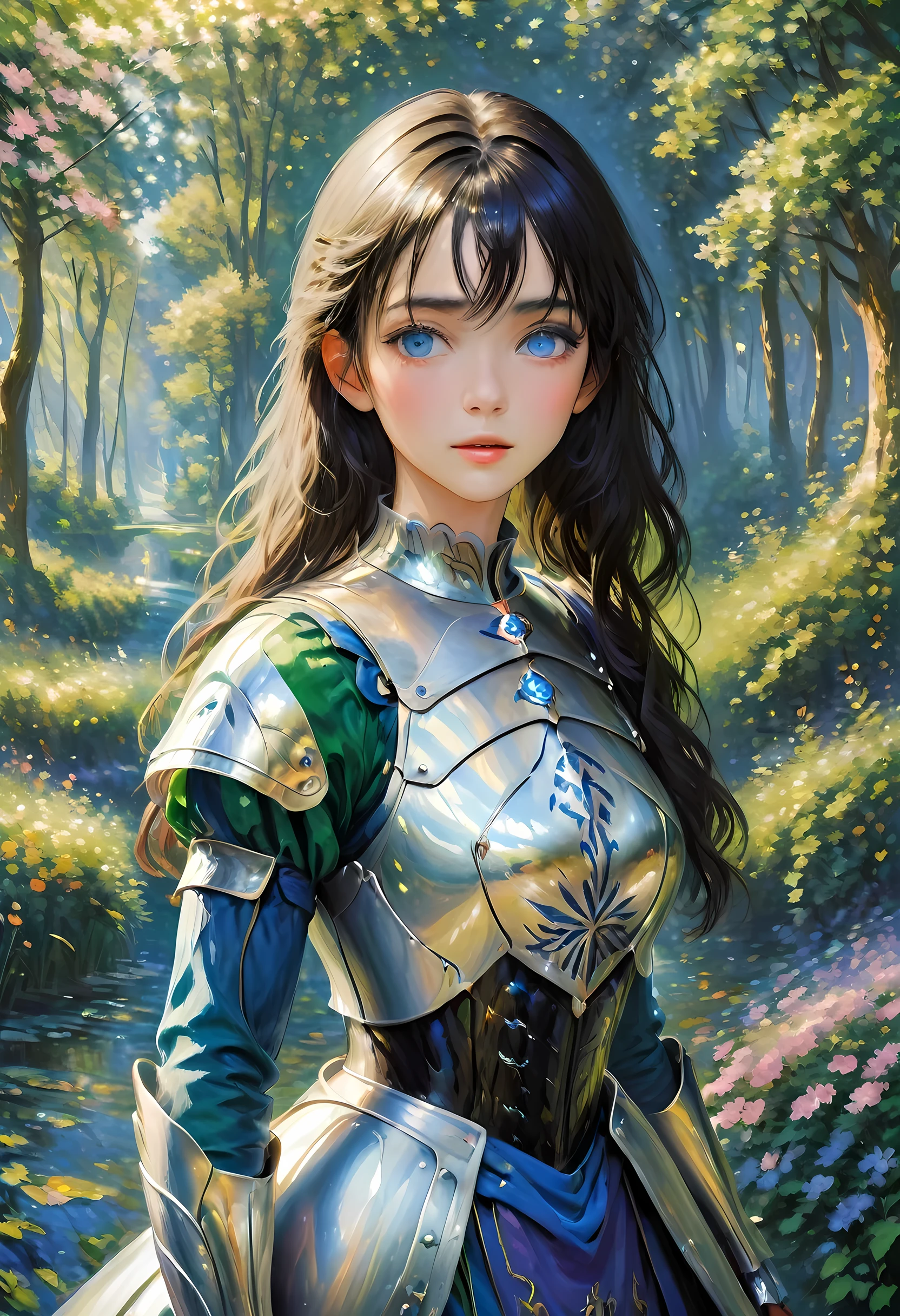 (Claude Monet Style:1.5) Claude_Monet style painting, a picture of woman paladin of nature protecting the forest, a woman knight, black hair, long hair, full body (best details, Masterpiece, best quality :1.5), ultra detailed face (best details, Masterpiece, best quality :1.5), ultra feminine (best details, Masterpiece, best quality :1.5), black hair, long hair, braided hair, pale skin, (deep blue: 1.2) eyes, intense eyes, wearying heavy armor, white armor (best details, Masterpiece, best quality :1.5), green cloak, armed with a sword, glowing sword GlowingRunes_green, fantasy forest background, D&D art, RPG art, magical atmosphere magic-fantasy-forest, ultra best realistic, best details, best quality, 16k, [ultra detailed], masterpiece, best quality, (extremely detailed), ultra wide shot, photorealism, depth of field, hyper realistic painting, cybrk, RagingNebula
