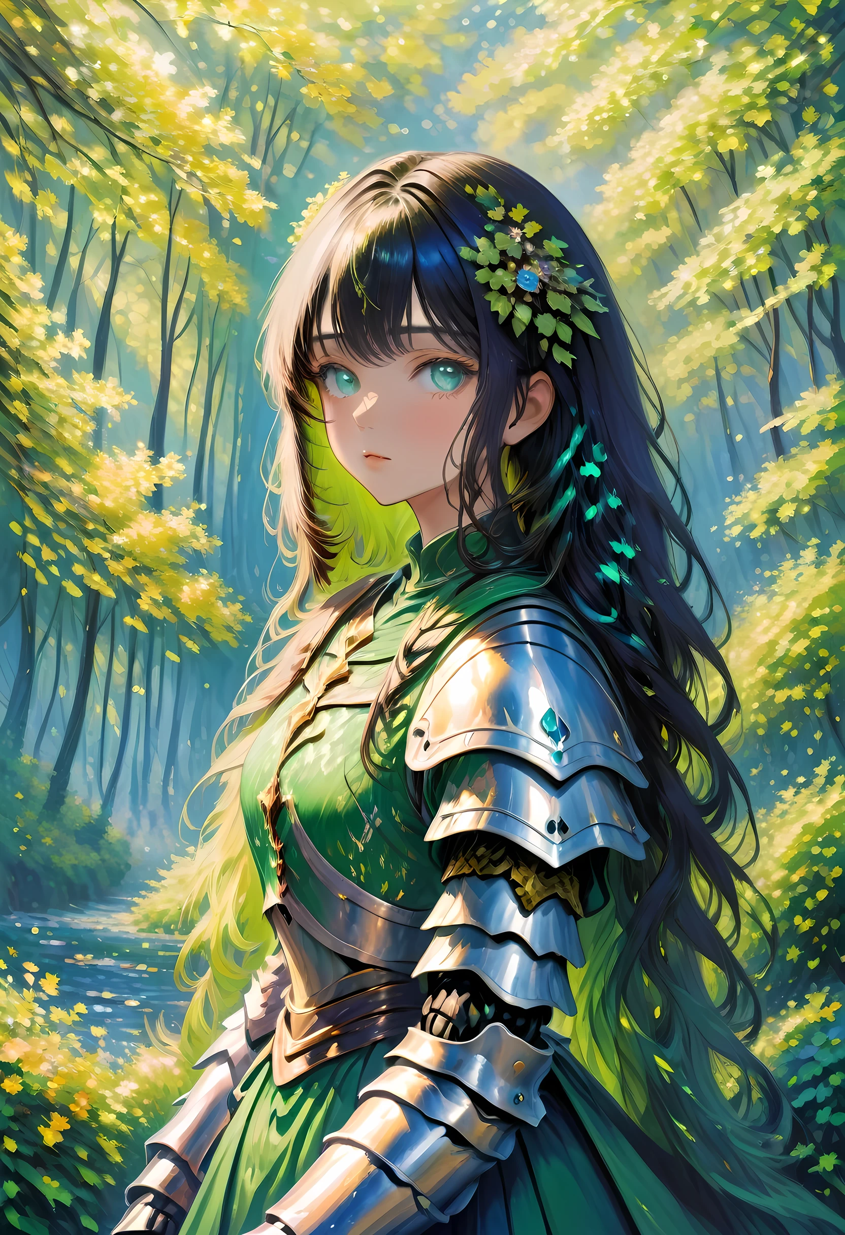 (claudio Monet Style:1.5) claudio_Pintura estilo Monet., Una imagen de una mujer paladín de la naturaleza protegiendo el bosque., una mujer caballero, pelo negro, pelo largo, cuerpo completo (mejores detalles, obra maestra, mejor calidad :1.5), ultra detallado face (mejores detalles, obra maestra, mejor calidad :1.5), ultrafemenina (mejores detalles, obra maestra, mejor calidad :1.5), pelo negro, pelo largo, pelo trenzado, Piel pálida, (azul profundo: 1.2) eyes, intense eyes, llevando una armadura pesada, armadura blanca (mejores detalles, obra maestra, mejor calidad :1.5), verde cloak, Armado con una espada, espada resplandeciente GlowingRunes_verde, fondo del bosque de fantasía, d&d art, arte de rol, atmosfera magica magico-fantasia-bosque, ultra mejor realista, mejores detalles, mejor calidad, 16k, [ultra detallado], obra maestra, mejor calidad, (extremadamente detallado), tiro ultra ancho, photorealism, profundidad de campo, pintura hiperrealista, cibernético