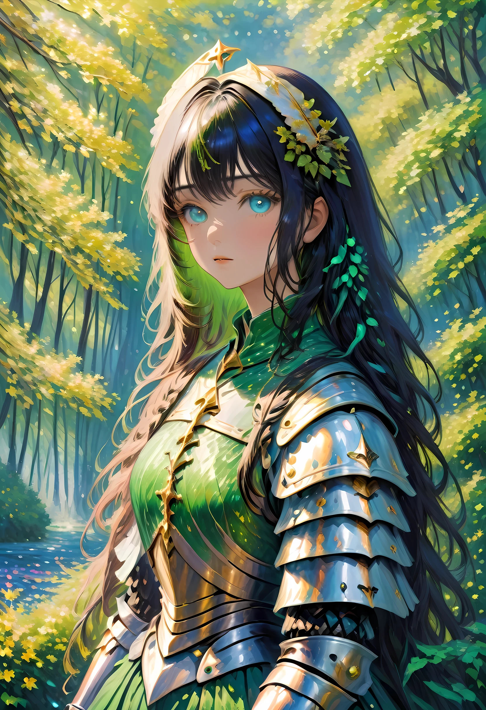 (claudio Monet Style:1.5) claudio_Pintura estilo Monet., Una imagen de una mujer paladín de la naturaleza protegiendo el bosque., una mujer caballero, pelo negro, pelo largo, cuerpo completo (mejores detalles, obra maestra, mejor calidad :1.5), ultra detallado face (mejores detalles, obra maestra, mejor calidad :1.5), ultrafemenina (mejores detalles, obra maestra, mejor calidad :1.5), pelo negro, pelo largo, pelo trenzado, Piel pálida, (azul profundo: 1.2) eyes, intense eyes, llevando una armadura pesada, armadura blanca (mejores detalles, obra maestra, mejor calidad :1.5), verde cloak, Armado con una espada, espada resplandeciente GlowingRunes_verde, fondo del bosque de fantasía, d&d art, arte de rol, atmosfera magica magico-fantasia-bosque, ultra mejor realista, mejores detalles, mejor calidad, 16k, [ultra detallado], obra maestra, mejor calidad, (extremadamente detallado), tiro ultra ancho, photorealism, profundidad de campo, pintura hiperrealista, cibernético