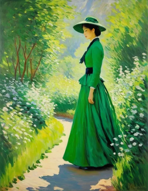 Claude Monet Style/Claude Monet style，《Lady in Green - Kamei》，Monet was good at experimenting and expressing light and shadow。Hi...