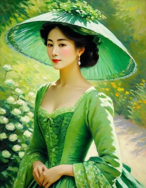 Claude Monet Style/Claude Monet style，《Lady in Green - Kamei》，Monet was good at experimenting and expressing light and shadow。Hi...