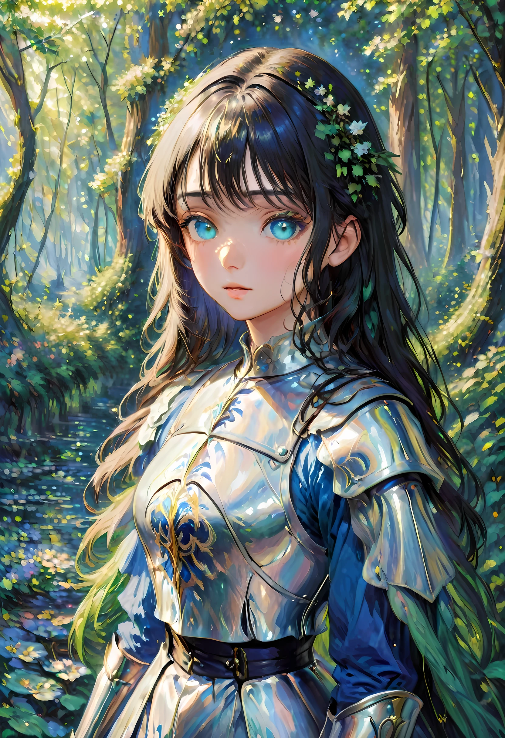 (Claude Monet Style:1.5) Claude_Monet style painting, a picture of woman paladin of nature protecting the forest, a woman knight, black hair, long hair, full body (best details, Masterpiece, best quality :1.5), ultra detailed face (best details, Masterpiece, best quality :1.5), ultra feminine (best details, Masterpiece, best quality :1.5), black hair, long hair, braided hair, pale skin, (deep blue: 1.2) eyes, intense eyes, wearying heavy armor, white armor (best details, Masterpiece, best quality :1.5), green cloak, armed with a sword, glowing sword GlowingRunes_green, fantasy forest background, D&D art, RPG art, magical atmosphere magic-fantasy-forest, ultra best realistic, best details, best quality, 16k, [ultra detailed], masterpiece, best quality, (extremely detailed), ultra wide shot, photorealism, depth of field, hyper realistic painting, cybrk, RagingNebula

