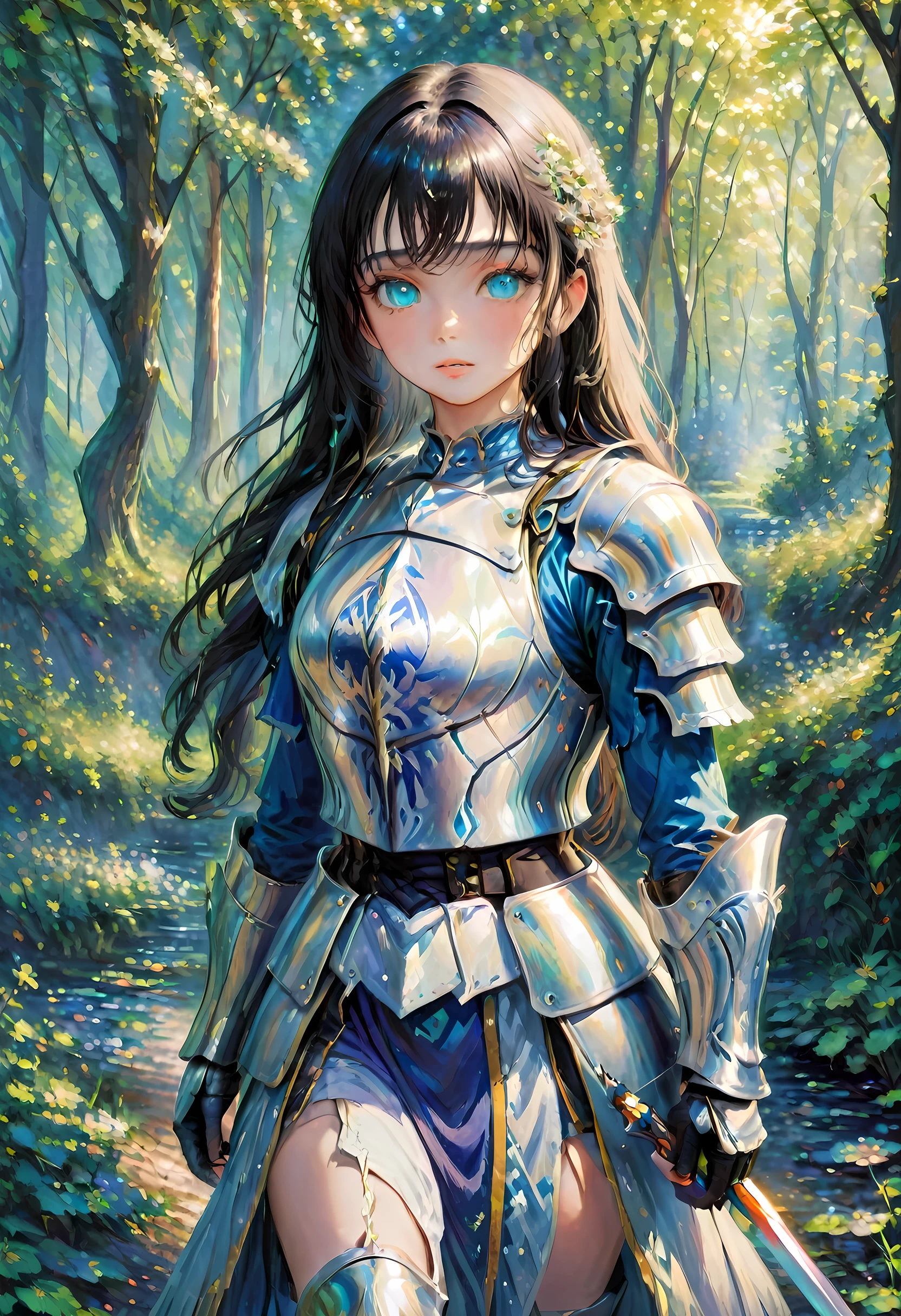 (Claude Monet Style:1.5) Claude_Monet style painting, a picture of woman paladin of nature protecting the forest, a woman knight, black hair, long hair, full body (best details, Masterpiece, best quality :1.5), ultra detailed face (best details, Masterpiece, best quality :1.5), ultra feminine (best details, Masterpiece, best quality :1.5), black hair, long hair, braided hair, pale skin, (deep blue: 1.2) eyes, intense eyes, wearying heavy armor, white armor (best details, Masterpiece, best quality :1.5), green cloak, armed with a sword, glowing sword GlowingRunes_green, fantasy forest background, D&D art, RPG art, magical atmosphere magic-fantasy-forest, ultra best realistic, best details, best quality, 16k, [ultra detailed], masterpiece, best quality, (extremely detailed), ultra wide shot, photorealism, depth of field, hyper realistic painting, cybrk, RagingNebula
