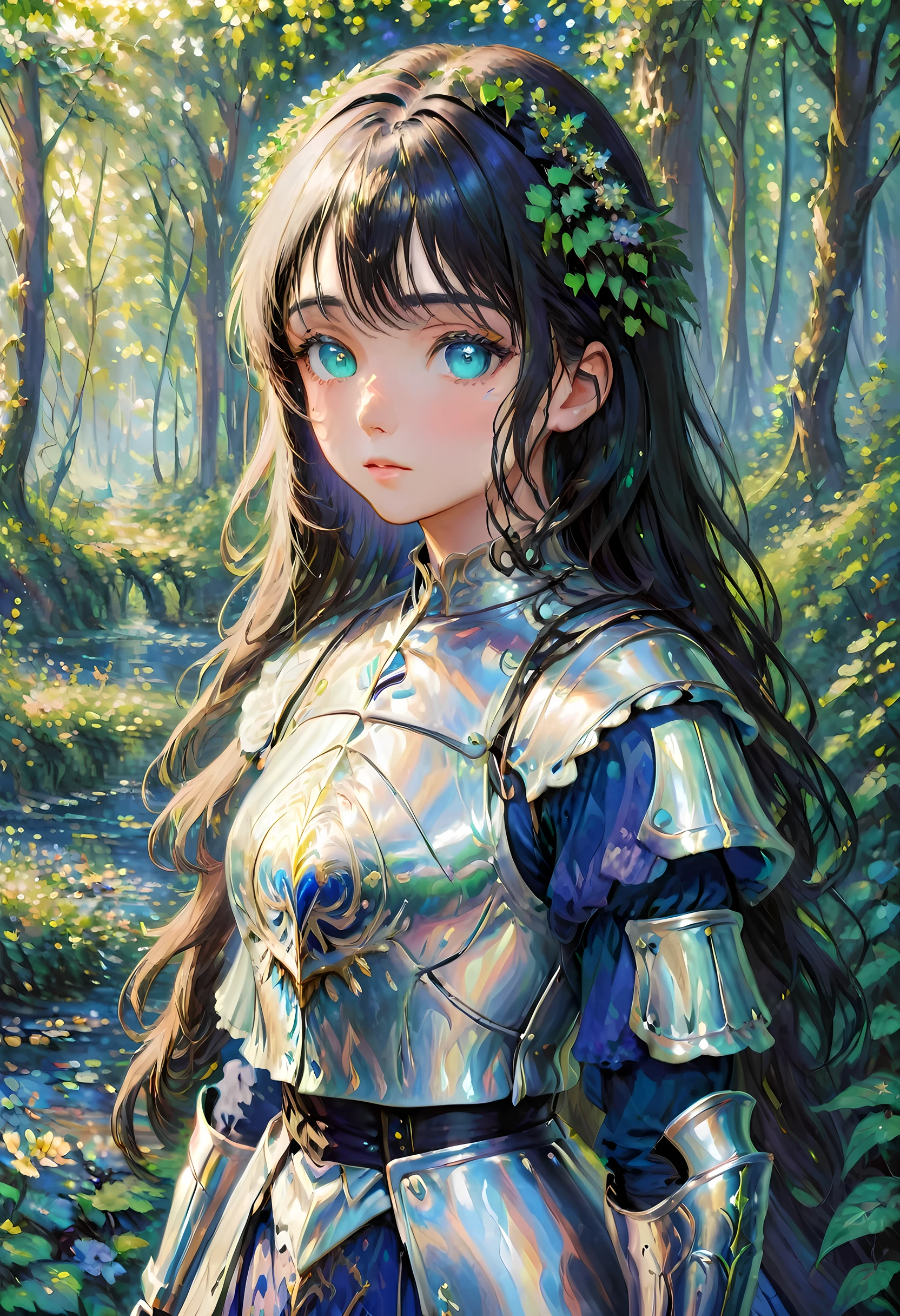 (Claude Monet Style:1.5) Claude_Monet style painting, a picture of woman paladin of nature protecting the forest, a woman knight, black hair, long hair, full body (best details, Masterpiece, best quality :1.5), ultra detailed face (best details, Masterpiece, best quality :1.5), ultra feminine (best details, Masterpiece, best quality :1.5), black hair, long hair, braided hair, pale skin, (deep blue: 1.2) eyes, intense eyes, wearying heavy armor, white armor (best details, Masterpiece, best quality :1.5), green cloak, armed with a sword, glowing sword GlowingRunes_green, fantasy forest background, D&D art, RPG art, magical atmosphere magic-fantasy-forest, ultra best realistic, best details, best quality, 16k, [ultra detailed], masterpiece, best quality, (extremely detailed), ultra wide shot, photorealism, depth of field, hyper realistic painting, cybrk, RagingNebula
