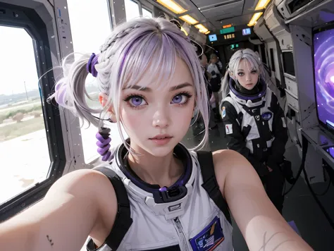  a boy and a girl, with grey hair with purple tip, purple eyes, long ponytail, on the space shuttle, in the hallway, , multicolo...