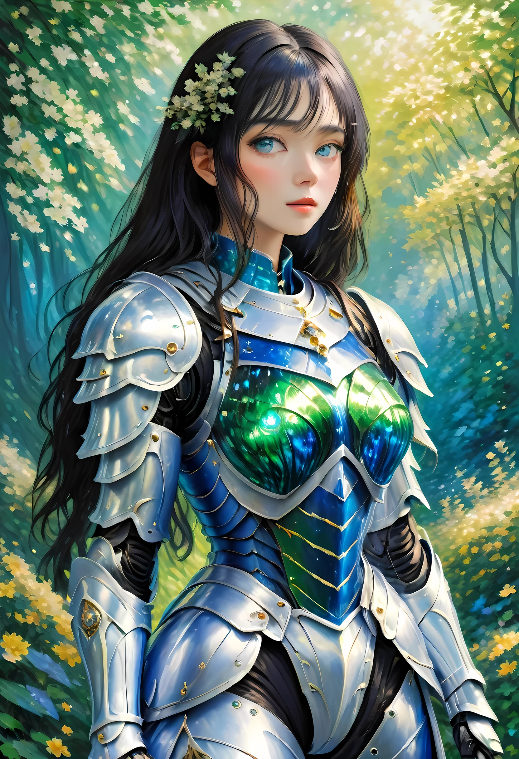 (claudio Monet Style:1.5) claudio_Pintura estilo Monet., Una imagen de una mujer paladín de la naturaleza protegiendo el bosque., una mujer caballero, pelo negro, pelo largo, cuerpo completo (mejores detalles, obra maestra, mejor calidad :1.5), ultra detallado face (mejores detalles, obra maestra, mejor calidad :1.5), ultrafemenina (mejores detalles, obra maestra, mejor calidad :1.5), pelo negro, pelo largo, pelo trenzado, Piel pálida, (azul profundo: 1.2) eyes, intense eyes, llevando una armadura pesada, armadura blanca (mejores detalles, obra maestra, mejor calidad :1.5), verde cloak, Armado con una espada, espada resplandeciente GlowingRunes_verde, fondo del bosque de fantasía, d&d art, arte de rol, atmosfera magica magico-fantasia-bosque, ultra mejor realista, mejores detalles, mejor calidad, 16k, [ultra detallado], obra maestra, mejor calidad, (extremadamente detallado), tiro ultra ancho, photorealism, profundidad de campo, pintura hiperrealista, cibernético