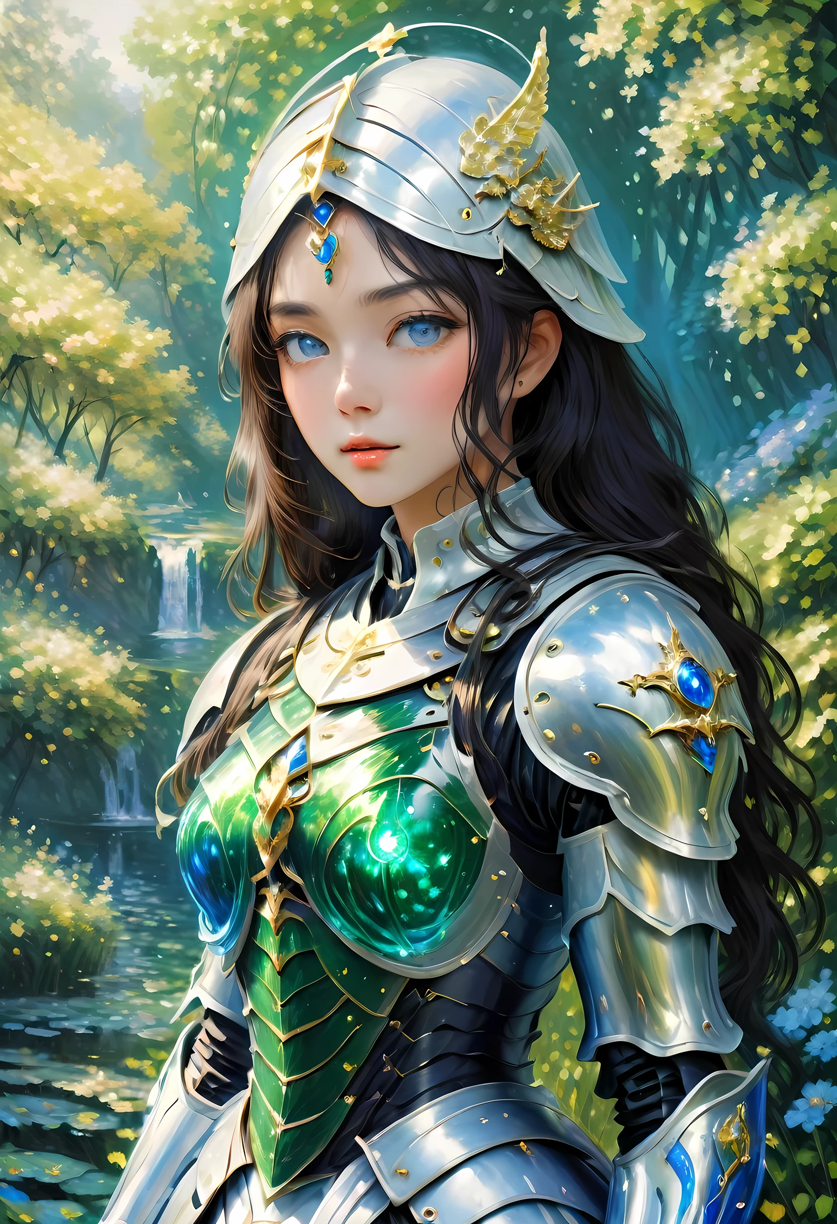 (claudio Monet Style:1.5) claudio_Pintura estilo Monet., Una imagen de una mujer paladín de la naturaleza protegiendo el bosque., una mujer caballero, pelo negro, pelo largo, cuerpo completo (mejores detalles, obra maestra, mejor calidad :1.5), ultra detallado face (mejores detalles, obra maestra, mejor calidad :1.5), ultrafemenina (mejores detalles, obra maestra, mejor calidad :1.5), pelo negro, pelo largo, pelo trenzado, Piel pálida, (azul profundo: 1.2) eyes, intense eyes, llevando una armadura pesada, armadura blanca (mejores detalles, obra maestra, mejor calidad :1.5), verde cloak, Armado con una espada, espada resplandeciente GlowingRunes_verde, fondo del bosque de fantasía, d&d art, arte de rol, atmosfera magica magico-fantasia-bosque, ultra mejor realista, mejores detalles, mejor calidad, 16k, [ultra detallado], obra maestra, mejor calidad, (extremadamente detallado), tiro ultra ancho, photorealism, profundidad de campo, pintura hiperrealista, cibernético