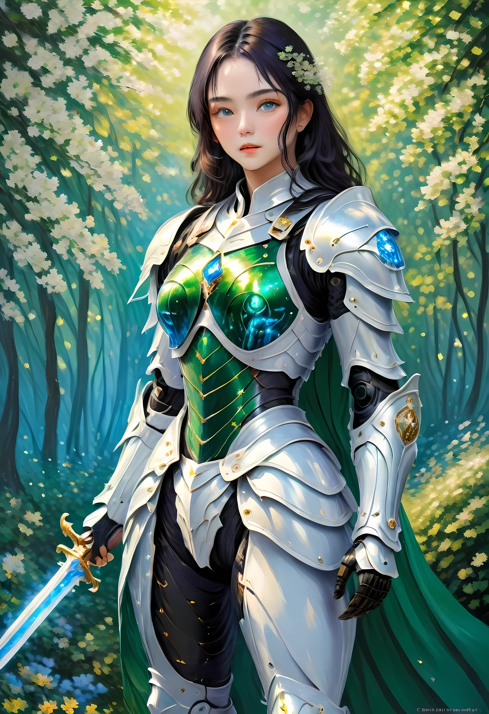 (claudio Monet Style:1.5) claudio_Pintura estilo Monet., Una imagen de una mujer paladín de la naturaleza protegiendo el bosque., una mujer caballero, pelo negro, pelo largo, cuerpo completo (mejores detalles, obra maestra, mejor calidad :1.5), ultra detallado face (mejores detalles, obra maestra, mejor calidad :1.5), ultrafemenina (mejores detalles, obra maestra, mejor calidad :1.5), pelo negro, pelo largo, pelo trenzado, Piel pálida, (azul profundo: 1.2) eyes, intense eyes, llevando una armadura pesada, armadura blanca (mejores detalles, obra maestra, mejor calidad :1.5), verde cloak, Armado con una espada, espada resplandeciente GlowingRunes_verde, fondo del bosque de fantasía, d&d art, arte de rol, atmosfera magica magico-fantasia-bosque, ultra mejor realista, mejores detalles, mejor calidad, 16k, [ultra detallado], obra maestra, mejor calidad, (extremadamente detallado), tiro ultra ancho, photorealism, profundidad de campo, pintura hiperrealista, cibernético