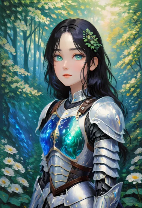 (Claude Monet Style:1.5) Claude_Monet style painting, a picture of woman paladin of nature protecting the forest, a woman knight...