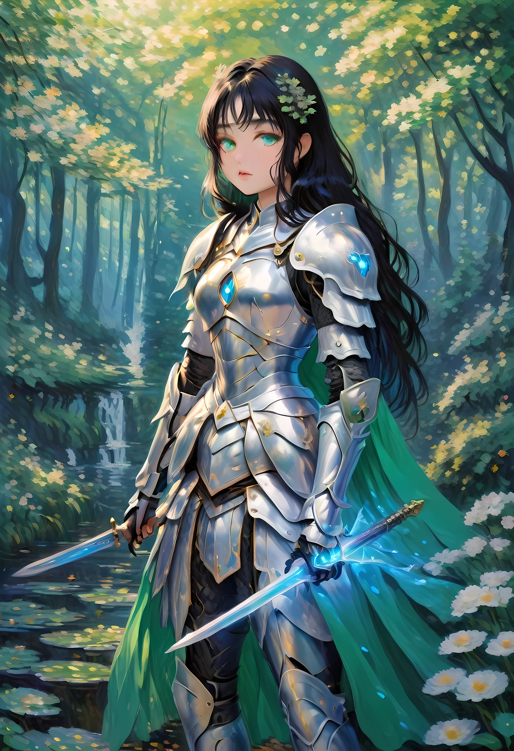 (Claude Monet Style:1.5) Claude_Monet style painting, a picture of woman paladin of nature protecting the forest, a woman knight, black hair, long hair, full body (best details, Masterpiece, best quality :1.5), ultra detailed face (best details, Masterpiece, best quality :1.5), ultra feminine (best details, Masterpiece, best quality :1.5), black hair, long hair, braided hair, pale skin, (deep blue: 1.2) eyes, intense eyes, wearying heavy armor, white armor (best details, Masterpiece, best quality :1.5), green cloak, armed with a sword, glowing sword GlowingRunes_green, fantasy forest background, D&D art, RPG art, magical atmosphere magic-fantasy-forest, ultra best realistic, best details, best quality, 16k, [ultra detailed], masterpiece, best quality, (extremely detailed), ultra wide shot, photorealism, depth of field, hyper realistic painting, cybrk, RagingNebula
