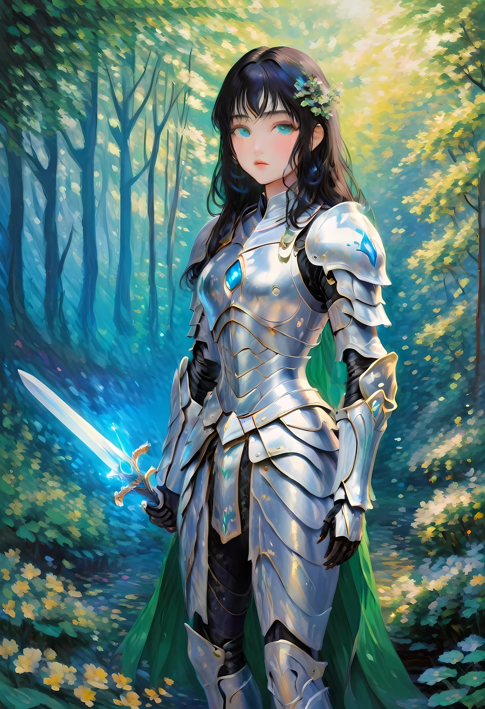 (Claude Monet Style:1.5) Claude_Monet style painting, a picture of woman paladin of nature protecting the forest, a woman knight, black hair, long hair, full body (best details, Masterpiece, best quality :1.5), ultra detailed face (best details, Masterpiece, best quality :1.5), ultra feminine (best details, Masterpiece, best quality :1.5), black hair, long hair, braided hair, pale skin, (deep blue: 1.2) eyes, intense eyes, wearying heavy armor, white armor (best details, Masterpiece, best quality :1.5), green cloak, armed with a sword, glowing sword GlowingRunes_green, fantasy forest background, D&D art, RPG art, magical atmosphere magic-fantasy-forest, ultra best realistic, best details, best quality, 16k, [ultra detailed], masterpiece, best quality, (extremely detailed), ultra wide shot, photorealism, depth of field, hyper realistic painting, cybrk, RagingNebula
