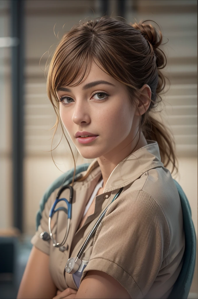 (Louise Bourgoin), Masterpiece, best quality, extremely detailed, hyperrealistic, photorealistic, a half body shot of a beautiful 20 years old french actress, (doctor, hospital, doctor uniform:1.1), ultra detailed face, with bangs, light brown hair with bun, pale skin, brown eyes, slender body, 16K, ultra high res.photorealistic, UHD, RAW, DSLR