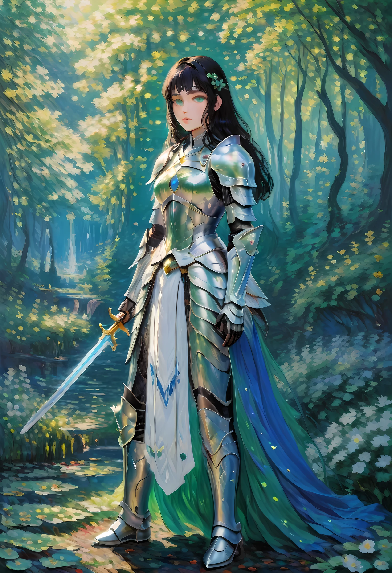 (Claude Monet Style:1.5) Claude_Monet style painting, a picture of woman paladin of nature protecting the forest, a woman knight, black hair, long hair, full body (best details, Masterpiece, best quality :1.5), ultra detailed face (best details, Masterpiece, best quality :1.5), ultra feminine (best details, Masterpiece, best quality :1.5), black hair, long hair, braided hair, pale skin, (deep blue: 1.2) eyes, intense eyes, wearying heavy armor, white armor (best details, Masterpiece, best quality :1.5), green cloak, armed with a sword, glowing sword GlowingRunes_green, fantasy forest background, D&D art, RPG art, magical atmosphere magic-fantasy-forest, ultra best realistic, best details, best quality, 16k, [ultra detailed], masterpiece, best quality, (extremely detailed), ultra wide shot, photorealism, depth of field, hyper realistic painting, cybrk, RagingNebula
