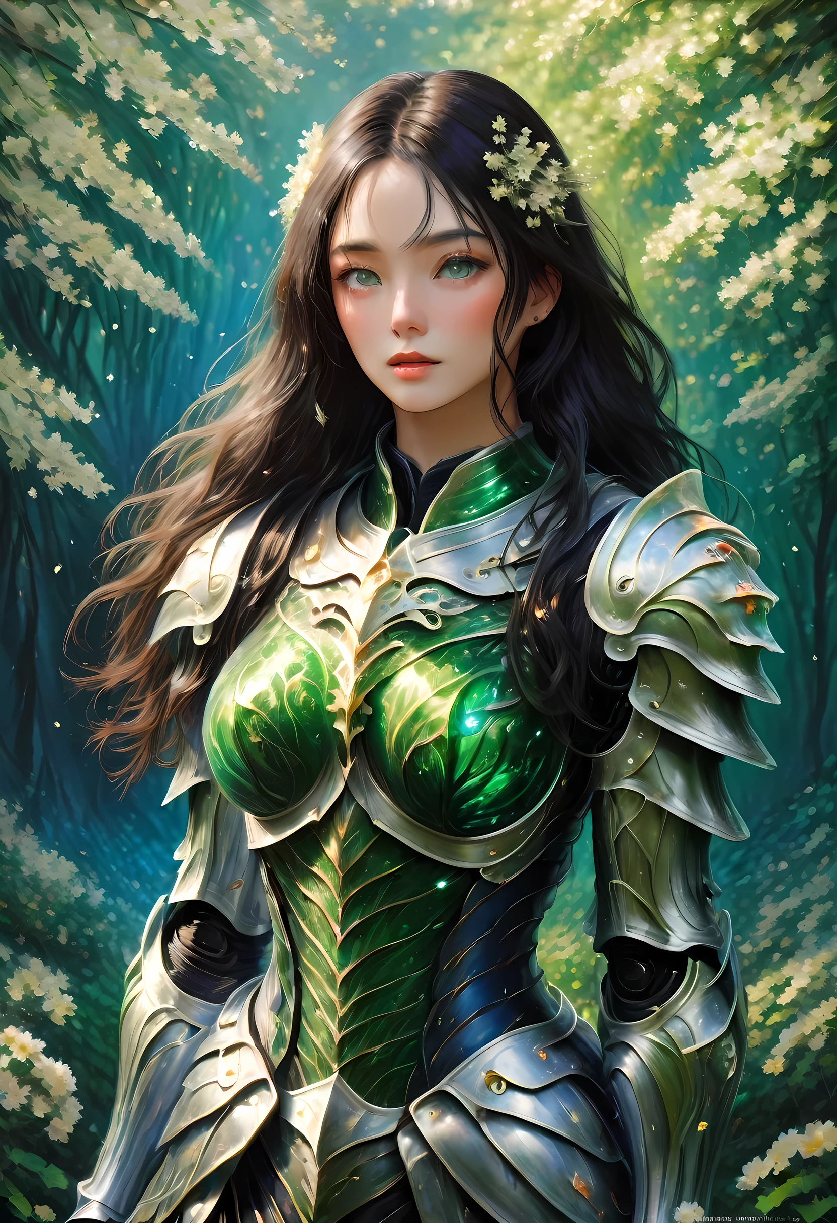 (claudio Monet Style:1.5) claudio_Pintura estilo Monet., Una imagen de una mujer paladín de la naturaleza protegiendo el bosque., una mujer caballero, pelo negro, pelo largo, cuerpo completo (mejores detalles, obra maestra, mejor calidad :1.5), ultra detallado face (mejores detalles, obra maestra, mejor calidad :1.5), ultrafemenina (mejores detalles, obra maestra, mejor calidad :1.5), pelo negro, pelo largo, pelo trenzado, Piel pálida, (azul profundo: 1.2) eyes, intense eyes, llevando una armadura pesada, armadura blanca (mejores detalles, obra maestra, mejor calidad :1.5), verde cloak, Armado con una espada, espada resplandeciente GlowingRunes_verde, fondo del bosque de fantasía, d&d art, arte de rol, atmosfera magica magico-fantasia-bosque, ultra mejor realista, mejores detalles, mejor calidad, 16k, [ultra detallado], obra maestra, mejor calidad, (extremadamente detallado), tiro ultra ancho, photorealism, profundidad de campo, pintura hiperrealista, cibernético, Nebulosa furiosa
