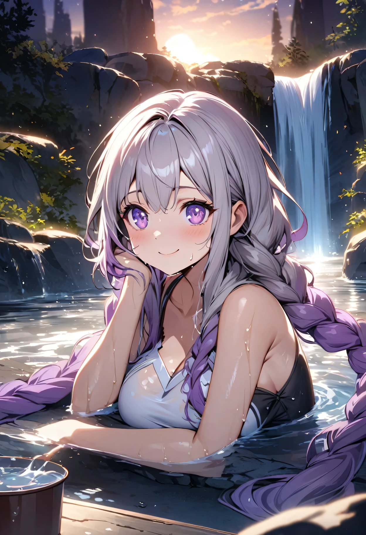 Night view, yinji , 1 Girl, purple hair,purple eyes,very long hair,grey hair,double braid,large breasts,gradient hair, Bathe near the waterfall, The body is soaked in water, Skinny cheeks, Wet hair, cheer up, Tempting face, No, Stone, Purified water, Water on the body,  Look up at the sky and smile, Beautiful Face, 40s, Soft volumetric light, (Backlight: 1.3), (Movie: 1.3), Intricate details, (art station: 1.3).