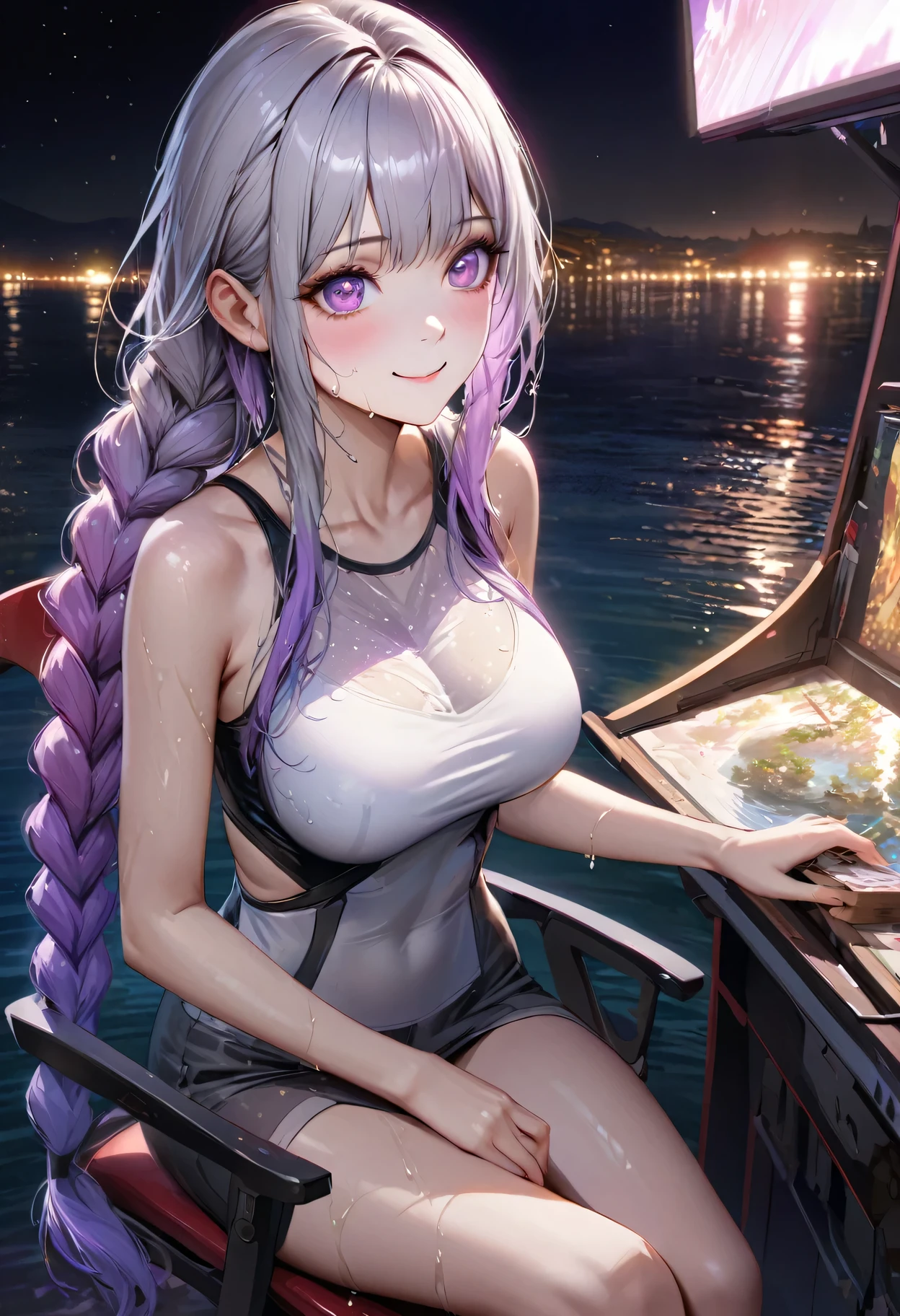 Night view, yinji , 1 Girl, purple hair,purple eyes,very long hair,grey hair,double braid,large breasts,gradient hair, Bathe near the waterfall, The body is soaked in water, Skinny cheeks, Wet hair, cheer up, Tempting face, No, Stone, Purified water, Water on the body,  Look up at the sky and smile, Beautiful Face, 40s, Soft volumetric light, (Backlight: 1.3), (Movie: 1.3), Intricate details, (art station: 1.3).