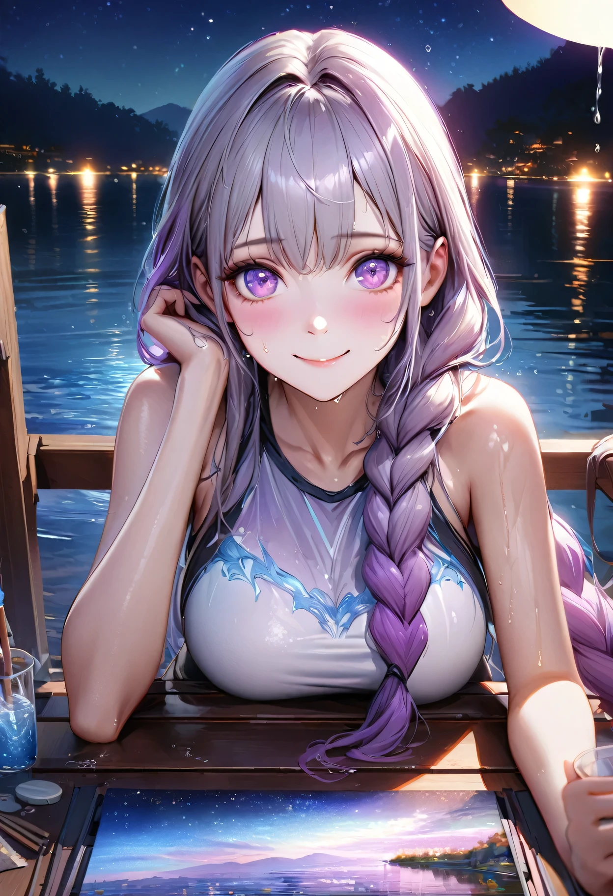 Night view, yinji , 1 Girl, purple hair,purple eyes,very long hair,grey hair,double braid,large breasts,gradient hair, Bathe near the waterfall, The body is soaked in water, Skinny cheeks, Wet hair, cheer up, Tempting face, No, Stone, Purified water, Water on the body,  Look up at the sky and smile, Beautiful Face, 40s, Soft volumetric light, (Backlight: 1.3), (Movie: 1.3), Intricate details, (art station: 1.3).