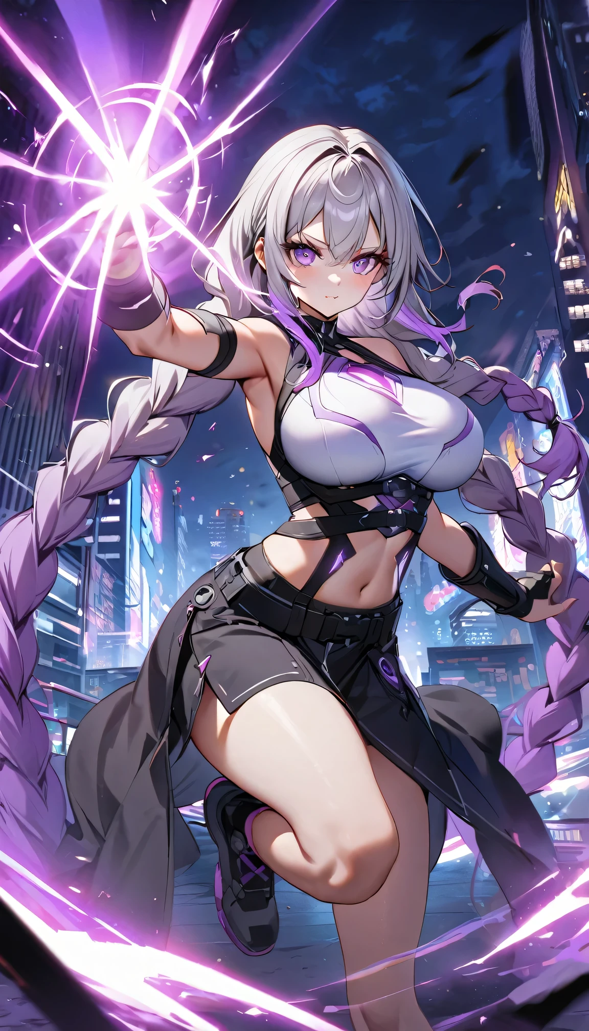 Full body portrait of a man posing fiercely against a neon-lit city background,Night view, yinji , 1 Girl, purple hair,purple eyes,very long hair,grey hair,double braid,large breasts,gradient hair,  She is exercising her power, So there is a bright light behind her, Light up her white top. And put some black aura around you，To refer to your mysterious power.
