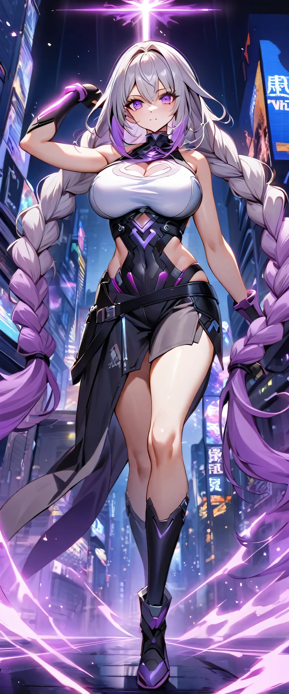 Full body portrait of a man posing fiercely against a neon-lit city background,Night view, yinji , 1 Girl, purple hair,purple eyes,very long hair,grey hair,double braid,large breasts,gradient hair,  She is exercising her power, So there is a bunch of bright fireworks behind her, Light up her white top. And put some black aura around you，To refer to your mysterious power.