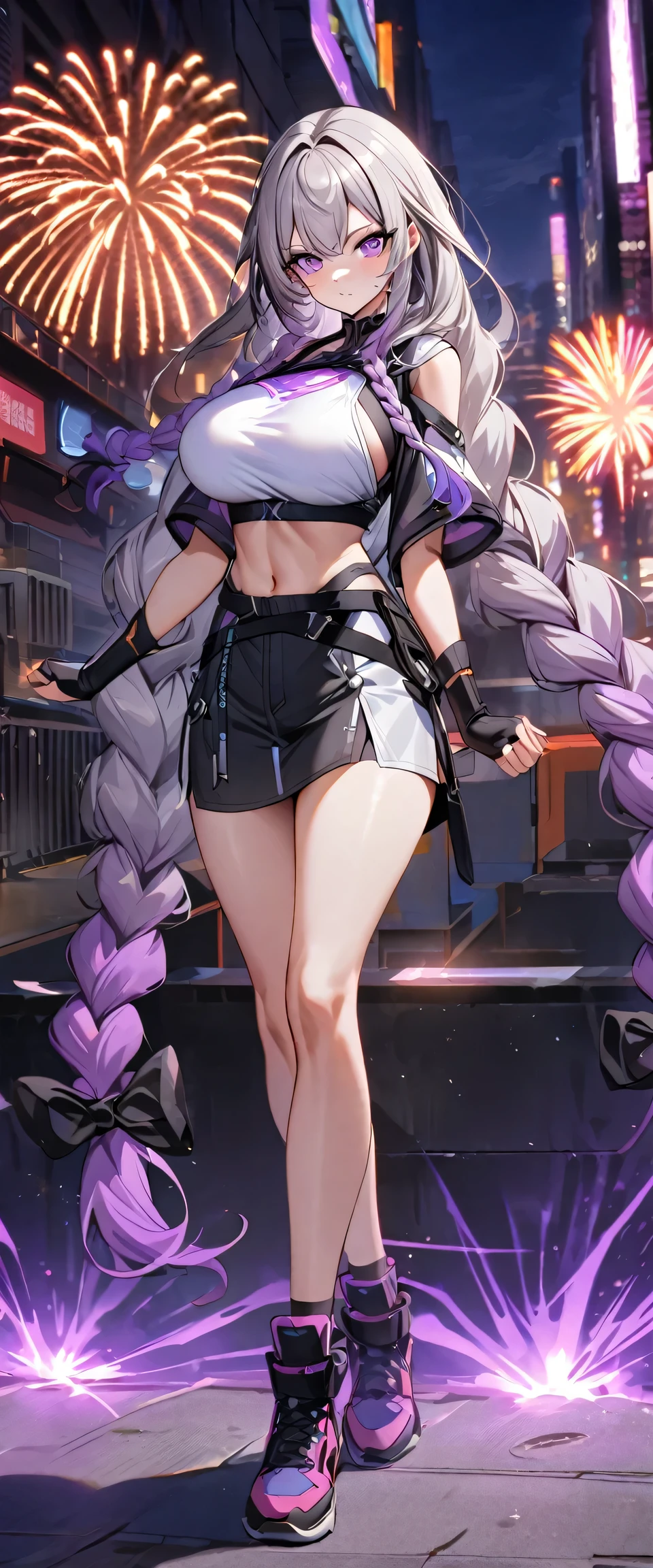 Full body portrait of a man posing fiercely against a neon-lit city background,Night view, yinji , 1 Girl, purple hair,purple eyes,very long hair,grey hair,double braid,large breasts,gradient hair,  She is exercising her power, So there is a bunch of bright fireworks behind her, Light up her white top. And put some black aura around you，To refer to your mysterious power.