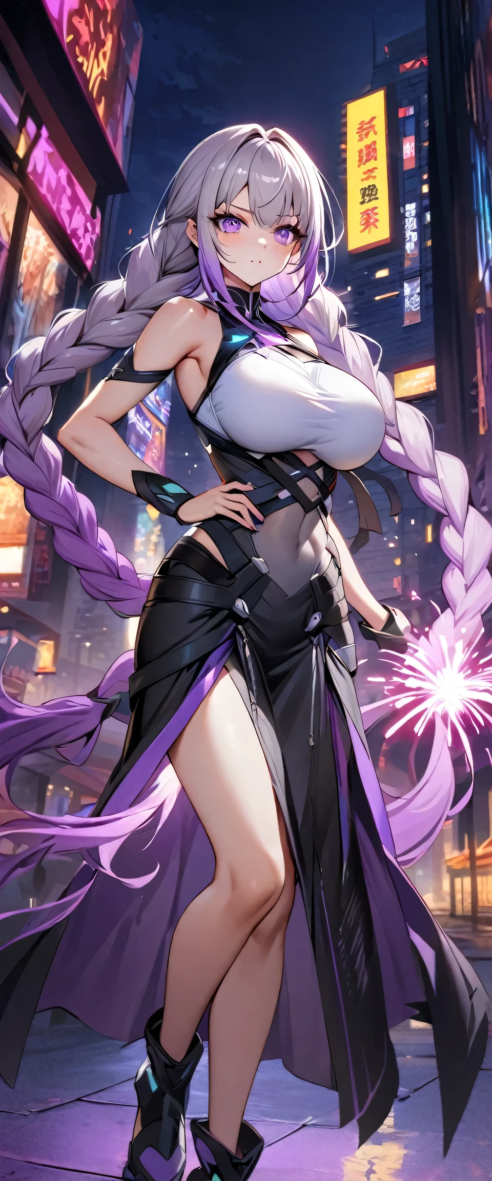 Full body portrait of a man posing fiercely against a neon-lit city background,Night view, yinji , 1 Girl, purple hair,purple eyes,very long hair,grey hair,double braid,large breasts,gradient hair,  She is exercising her power, So there is a bunch of bright fireworks behind her, Light up her white top. And put some black aura around you，To refer to your mysterious power.