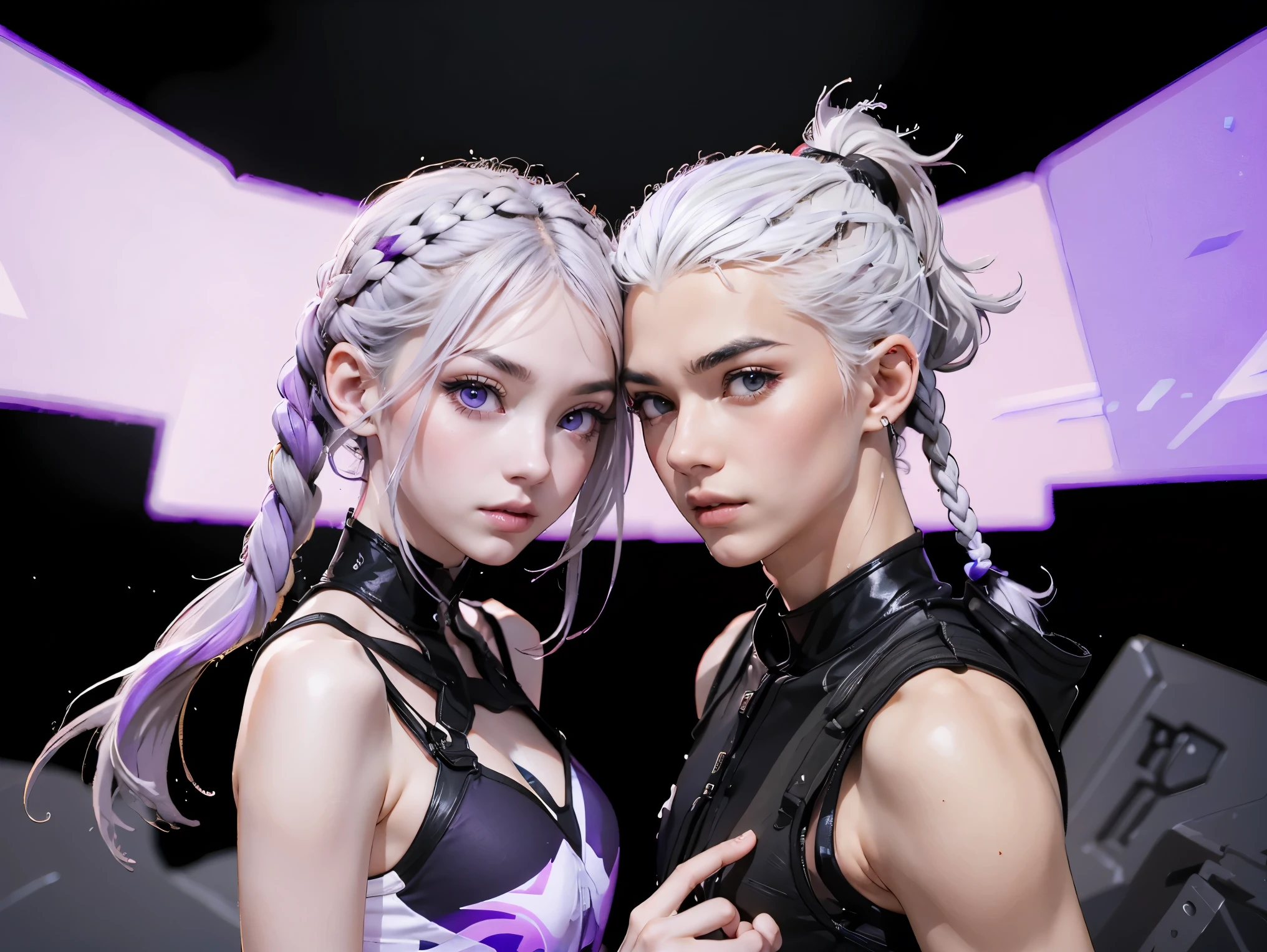  a boy and a girl, with grey hair with purple tip, purple eyes, long ponytail,, multicolored hair, white hair, depth of field, perspective, perspective, UHD, masterpiece, accurate, anatomically correct, high quality, best quality, super detail, ((a couple shot)), 