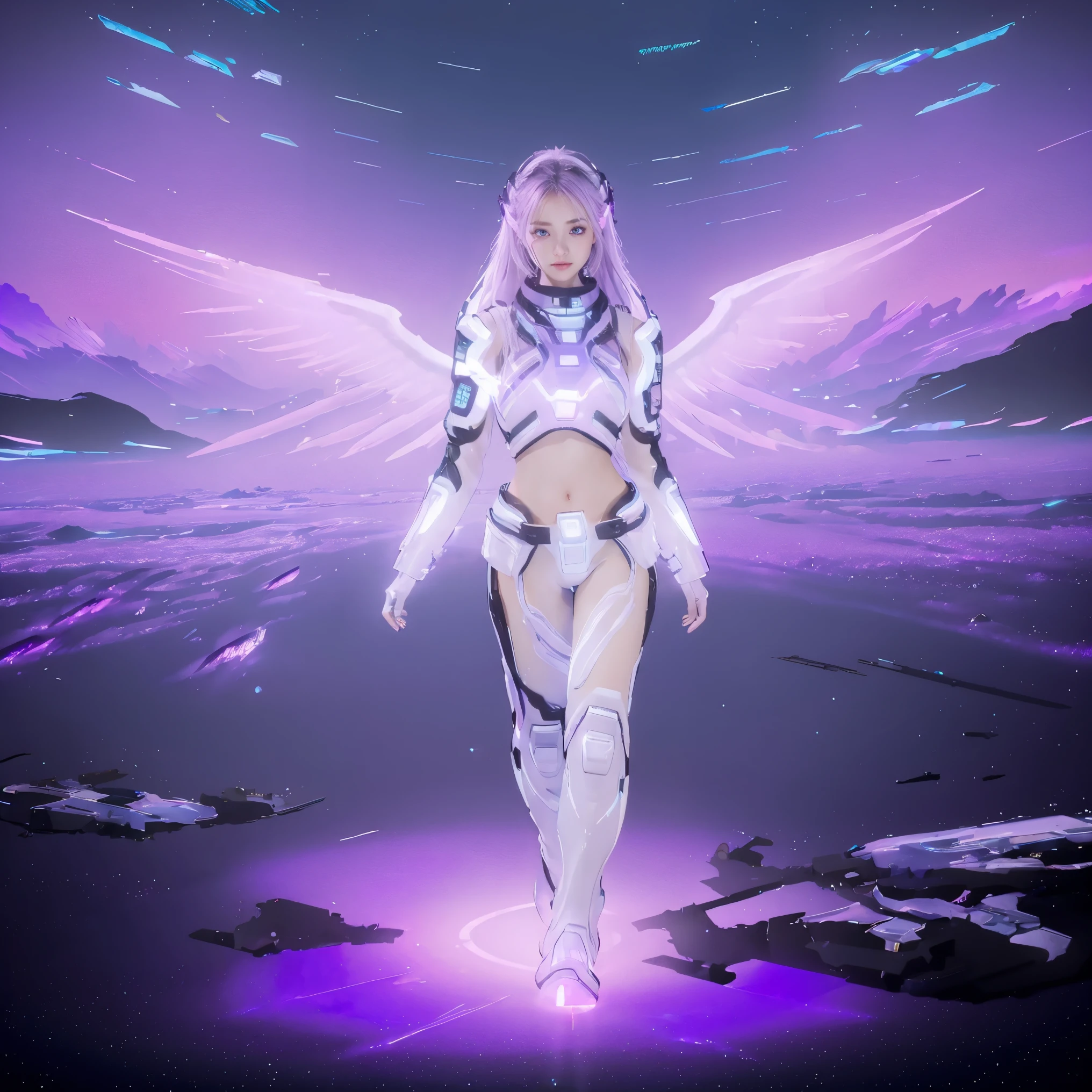 ((masterpiece, best quality, extremely detailed), volumetric lighting, ambient occlusion, colorful, glowing), 
2girl,  young girls, (purple white gradient long hair),  halo, aura, sacred, goddess, cyber suit, (white outfit:1.3), android, bot, angel wings,
outdoors, sunset, sky, clouds, space, (cyberpunk theme:1.2),