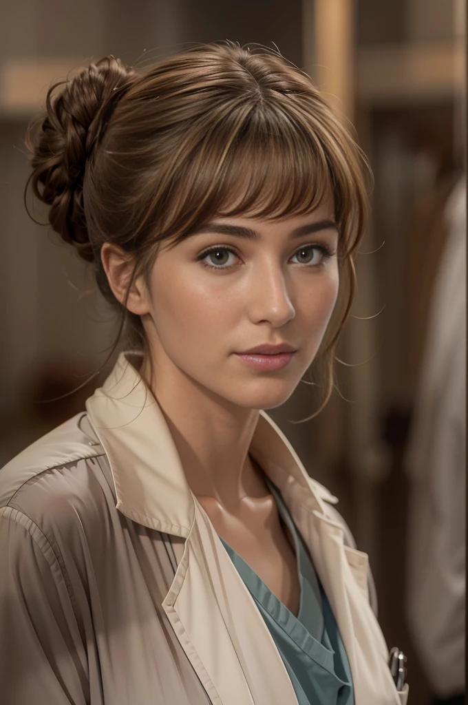 (Louise Bourgoin), Masterpiece, best quality, extremely detailed, hyperrealistic, photorealistic, a half body shot of a beautiful 26 years old french actress, ( TV show Hippocrate 2021, doctor, hospital, doctor uniform:1.1), ultra detailed face, with bangs, light brown hair with bun, pale skin, brown eyes, slender body, 16K, ultra high res.photorealistic, UHD, RAW, DSLR