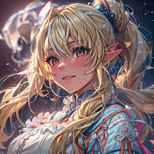 (masterpiece), 8k CG, Stunningly beautiful girl, Intricate details, chromatic aberration, ((Bust Shot)), ((View Viewer)), One girl, Shiranui Flare, (Long ponytail, (Blonde Hair)),A very beautiful and delicate portrait, Cute Face, Big smile, Joyful, Soft Cheeks, blush, compensate, Absurd, Cinema Lighting, Dynamic Lighting, Fantasy, ((Dark Background, fog))