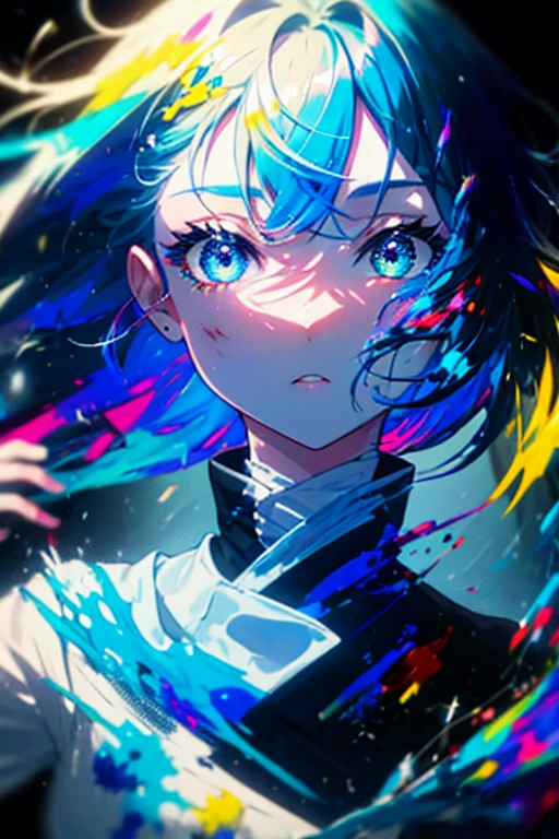 1girl,solo,cute,blue hair,colorful,paint,face focus,perfect face,face is dirty for painting,brilliant eye,vivid eye,colorful eye,glorious