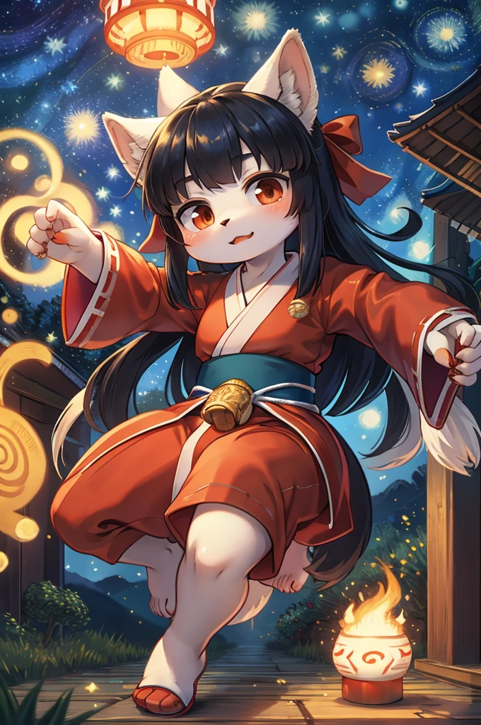 (Gogh style:1.5) , 1 hairy inari girl  , Short stature , realistic hairy fur , Straight black Long Hair , Round face, swollen cheeks,round eyes , neat hair ties , Japanese Shrine Maiden Clothing , (dynamic Noh dance action:1.5) , in the Inari Shrine , Sacred offerin  , (Fly around Will-o'-the-wisp) , midnight