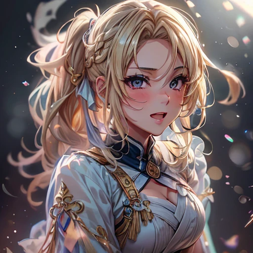 (masterpiece), 8k CG, Stunningly beautiful girl, Intricate details, chromatic aberration, ((Bust Shot)), ((View Viewer)), One girl, Shiranui Flare, (Long ponytail, (Blonde Hair)),A very beautiful and delicate portrait, Cute Face, Big smile, Joyful, Soft Cheeks, blush, compensate, Absurd, Cinema Lighting, Dynamic Lighting, Fantasy, ((Dark Background, fog))