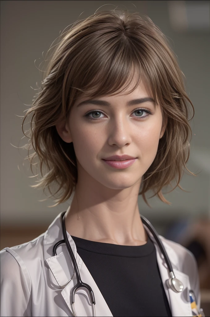 (Louise Bourgoin), Masterpiece, best quality, extremely detailed, hyperrealistic, photorealistic, a half body shot of a beautiful 26 years old french actress, (doctor, hospital, doctor uniform:1.1), ultra detailed face, with bangs, light brown hair with bun, pale skin, brown eyes, slender slim body, 16K, ultra high res.photorealistic, UHD, RAW, DSLR