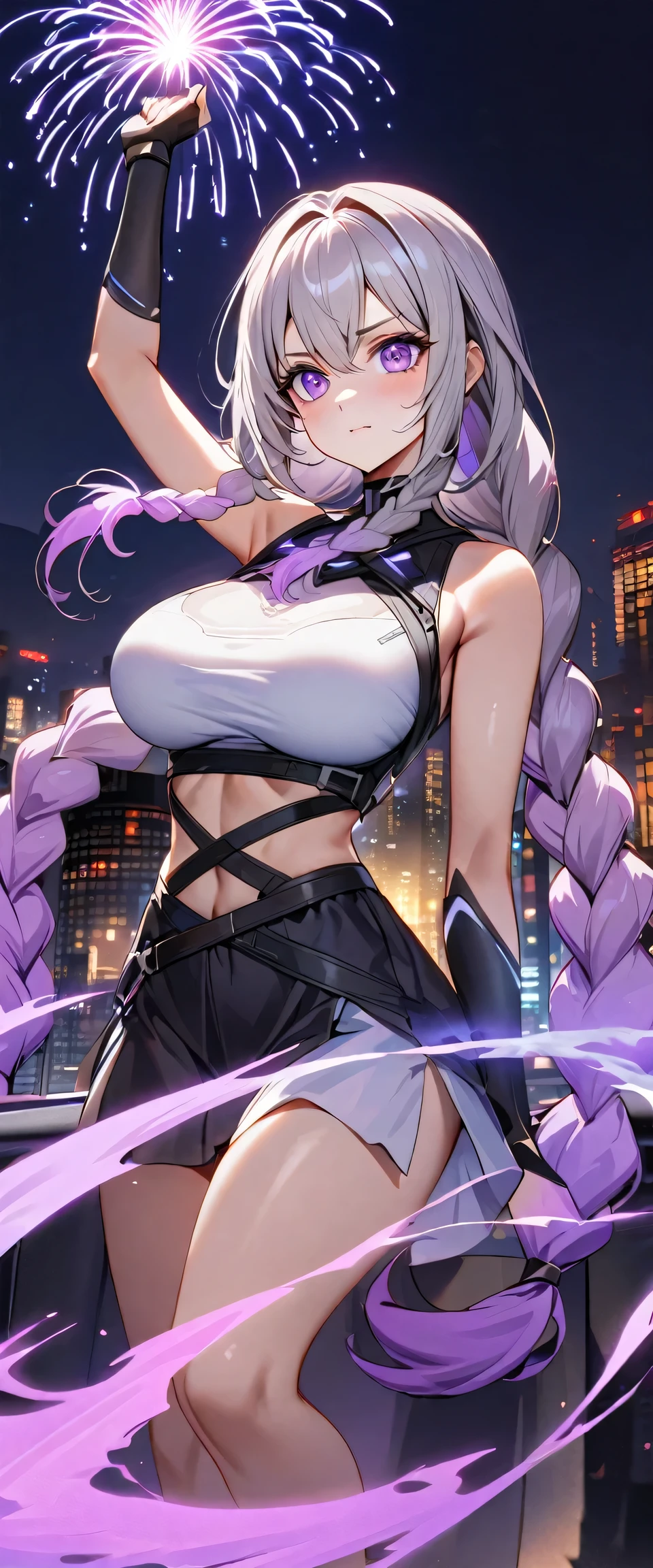 Full body portrait of a man posing fiercely against a neon-lit city background,Night view, yinji , 1 Girl, purple hair,purple eyes,very long hair,grey hair,double braid,large breasts,gradient hair,  She is exercising her power, There is a bunch of bright fireworks in the sky, Light up her white top. And put some black aura around you，To refer to your mysterious power.