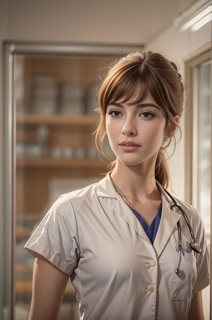 (Louise Bourgoin), Masterpiece, best quality, extremely detailed, hyperrealistic, photorealistic, a half body shot of a beautiful 26 years old french actress, (doctor, hospital, doctor uniform:1.1), ultra detailed face, with bangs, light brown hair with bun, pale skin, brown eyes, slender slim body, 16K, ultra high res.photorealistic, UHD, RAW, DSLR