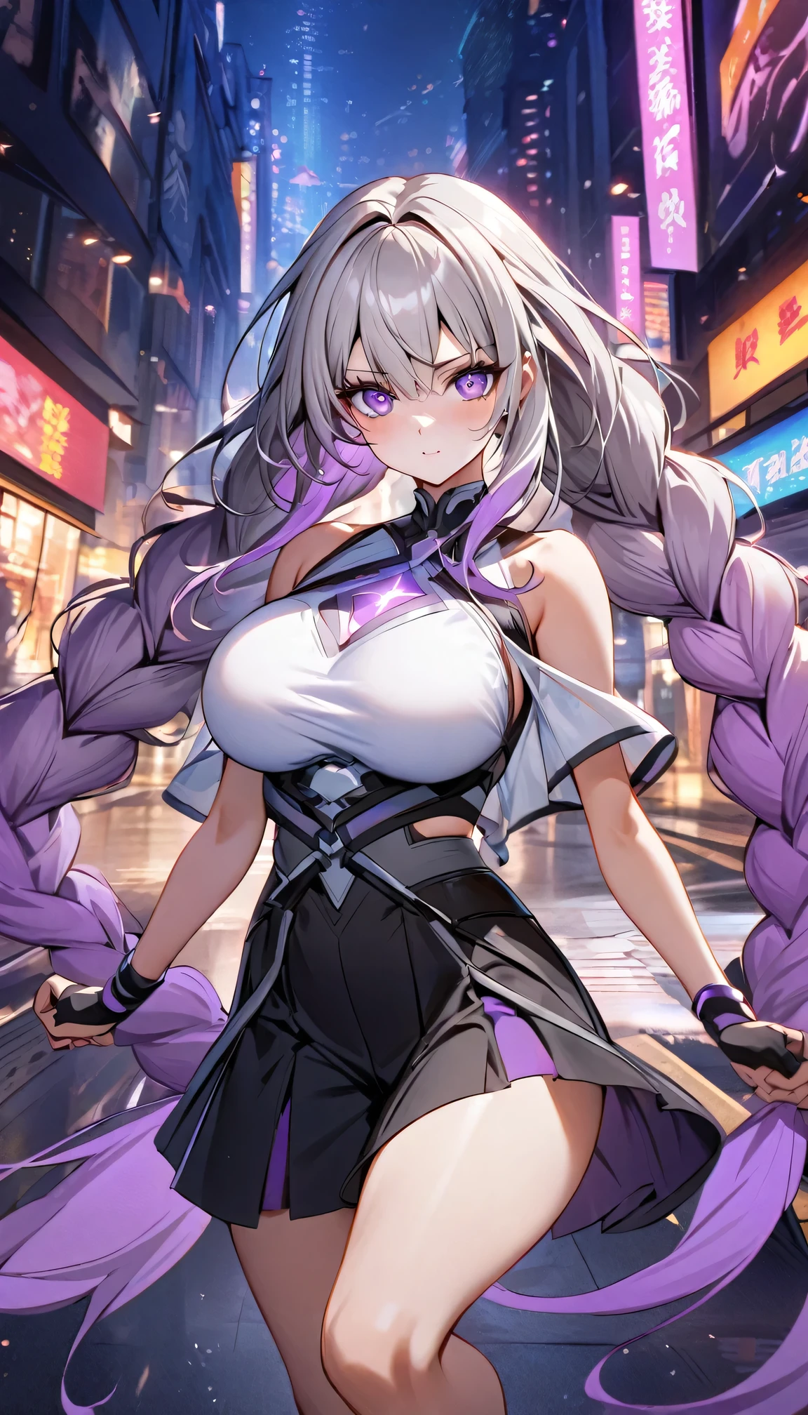 Full body portrait of a man posing fiercely against a neon-lit city background,Night view, yinji , 1 Girl, purple hair,purple eyes,very long hair,grey hair,double braid,large breasts,gradient hair,  She is exercising her power, So there is a bright light behind her, Light up her white top. And put some black aura around you，To refer to your mysterious power.