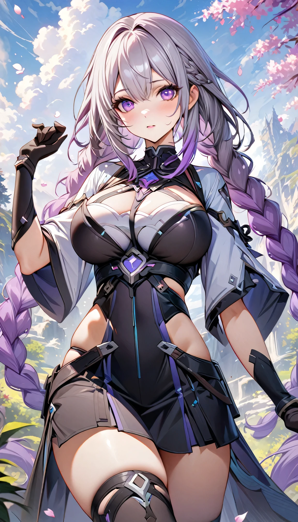 nature, Sky, cloud, Delicate petals falling in the air ,Ultra Detailed ， yinji , 1 Girl, purple hair,purple eyes,very long hair,grey hair,double braid,large breasts,gradient hair, Look up at the sky and smile, Beautiful Face, masterpiece, best quality, (Highly detailed CG Unity 8k wallpaper) (best quality), (Best Illustration), (The best shadow) 