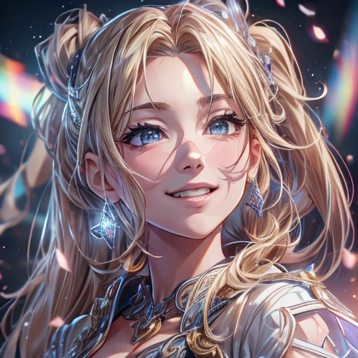 (masterpiece), 8k CG, Stunningly beautiful girl, Intricate details, chromatic aberration, ((Bust Shot)), ((View Viewer)), One girl, Shiranui Flare, (Long ponytail, (Blonde Hair)),A very beautiful and delicate portrait, Cute Face, Big smile, Joyful, Soft Cheeks, blush, compensate, Absurd, Cinema Lighting, Dynamic Lighting, Fantasy, ((Dark Background, fog))