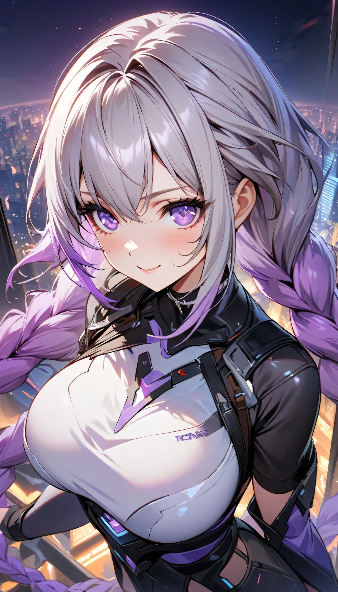 nature, Sky, cloud, Delicate petals falling in the air ,Ultra Detailed ， yinji , 1 Girl, purple hair,purple eyes,very long hair,grey hair,double braid,large breasts,gradient hair, Look up at the sky and smile, Beautiful Face, masterpiece, best quality, (Highly detailed CG Unity 8k wallpaper) (best quality), (Best Illustration), (The best shadow) 