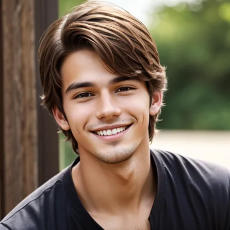 A young man, brown hair, calm smile