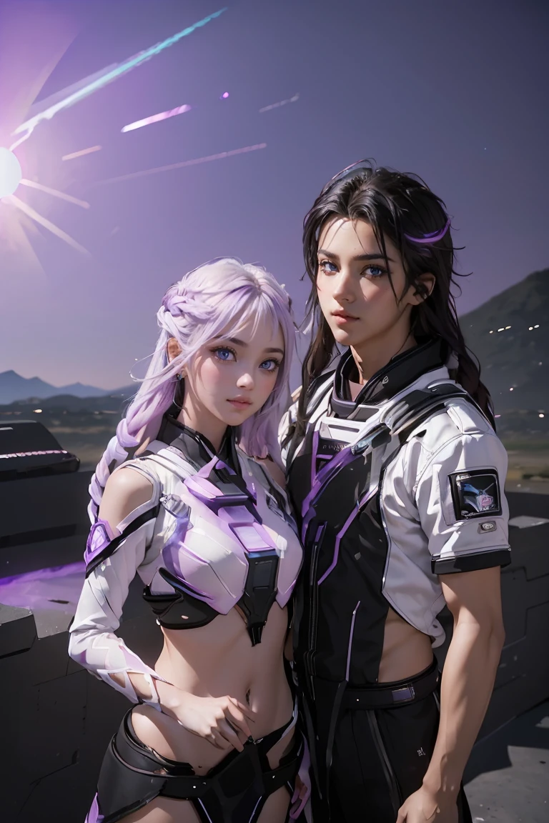 ((masterpiece, best quality, extremely detailed), volumetric lighting, ambient occlusion, colorful, glowing), a boy and a girl, (purple white gradient long hair),  halo, aura, sacred, goddess,, (black outfit:1.3), 
outdoors, sunset, sky, clouds, space, ((a couple shot)),