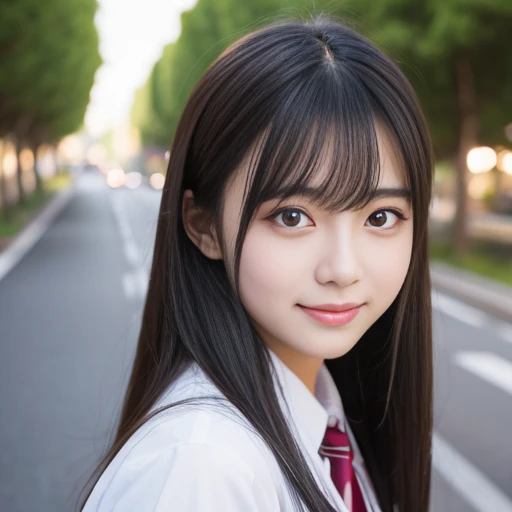 Cute 15 year old Japanese、On the road、Highly detailed face、Pay attention to the details、double eyelid、Beautiful thin nose、Sharp focus:1.2、Beautiful woman:1.4、Align your bangs、Pure white skin、highest quality、masterpiece、Ultra-high resolution、(Realistic:1.4)、Highly detailed and professional lighting、nice smile、Japanese school girl uniform、