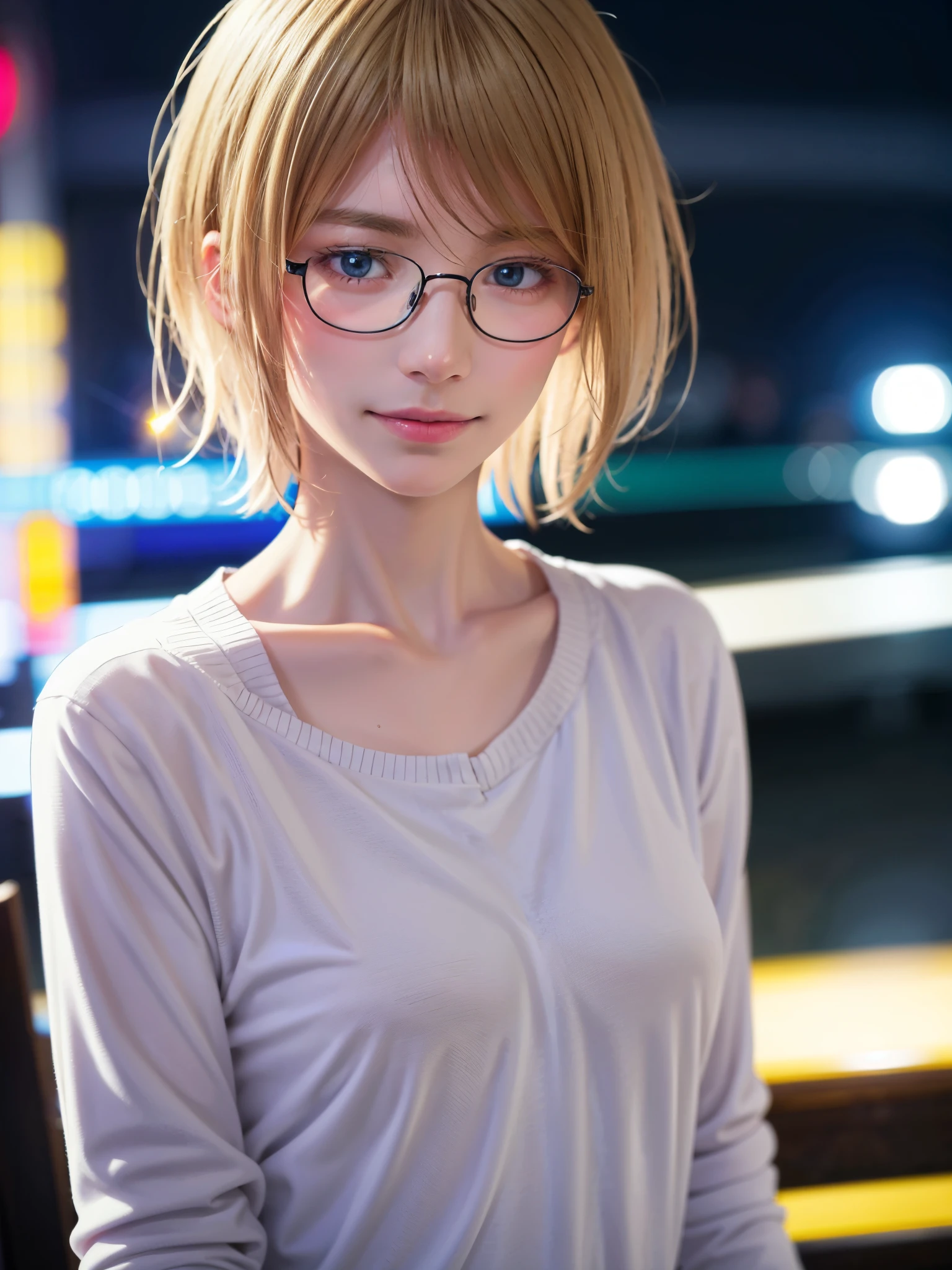 Japanese girl in casual clothes、Observe the audience、Tokyo cityscape at night、(highest quality、masterpiece)))、HD Fine、Very detailed、masterpiece、Cinema Lighting、(8k、highest quality、masterpiece:1.2)、(Realistic、Realistic:1.37) High resolution、Super detailed、Woman wearing glasses、A look of silence、Round Glasses、Asian, cute, cute顔, alone,Blonde Short Hair 1.2, Textured skin, Beautiful smile, Beautifully detailed night sky, Night view, Cinema Lighting, Written boundary depth, Lens flare light、date、(Blushing your nose)、、(Mouth closed)Small breasts、A beautiful eye for detail、(sweater:1.1)、(Blonde Short Hair:1.2)、Floating Hair Nova Frog Style、