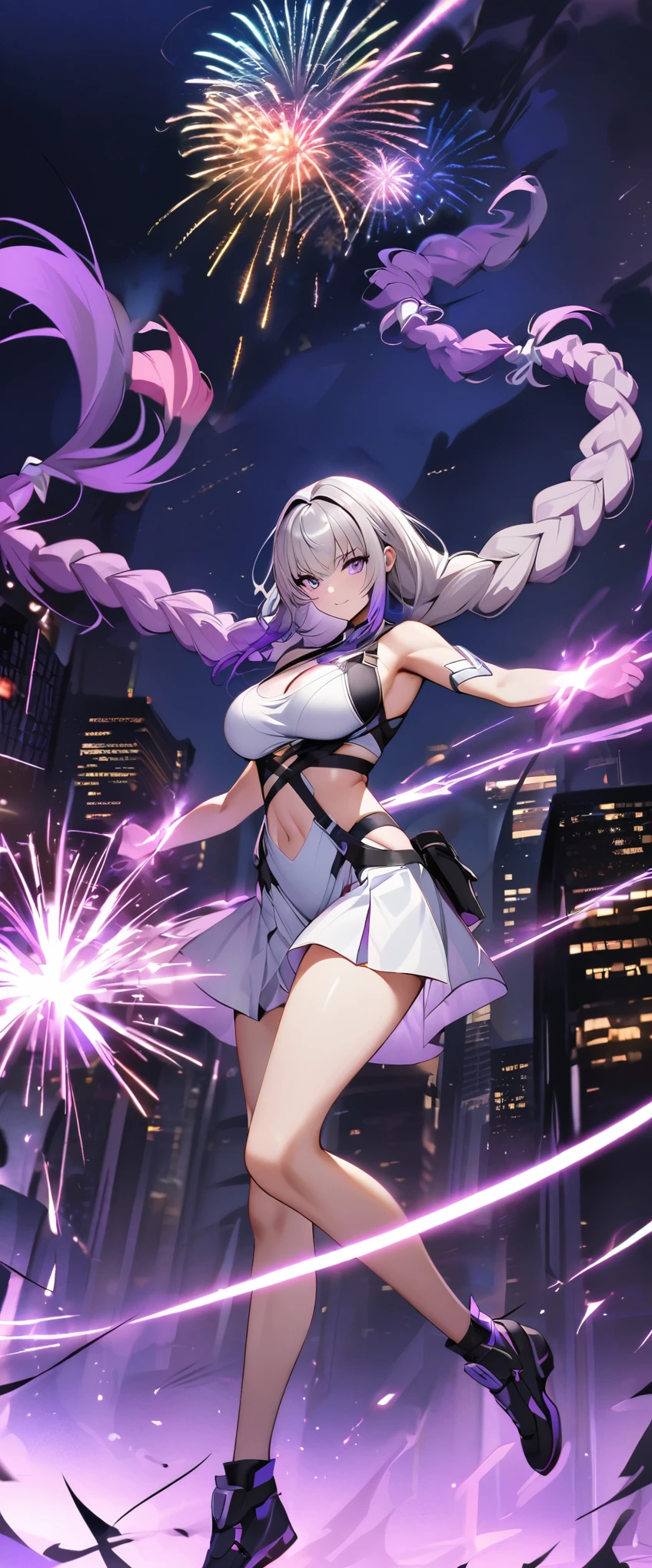 Full body portrait of a man posing fiercely against a neon-lit city background,Night view, yinji , 1 Girl, purple hair,purple eyes,very long hair,grey hair,double braid,large breasts,gradient hair,  She is exercising her power, There is a bunch of bright fireworks in the sky, Light up her white top. And put some black aura around you，To refer to your mysterious power.