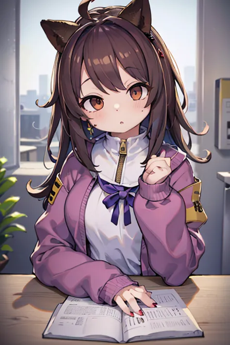 two,, , One Girl, Ahoge, bangs, 黒いskirt, 黒いsweater, Blue Claws, Blurred, Blurred background, chest, Brown eyes, Brown Hair, 茶色のJ...