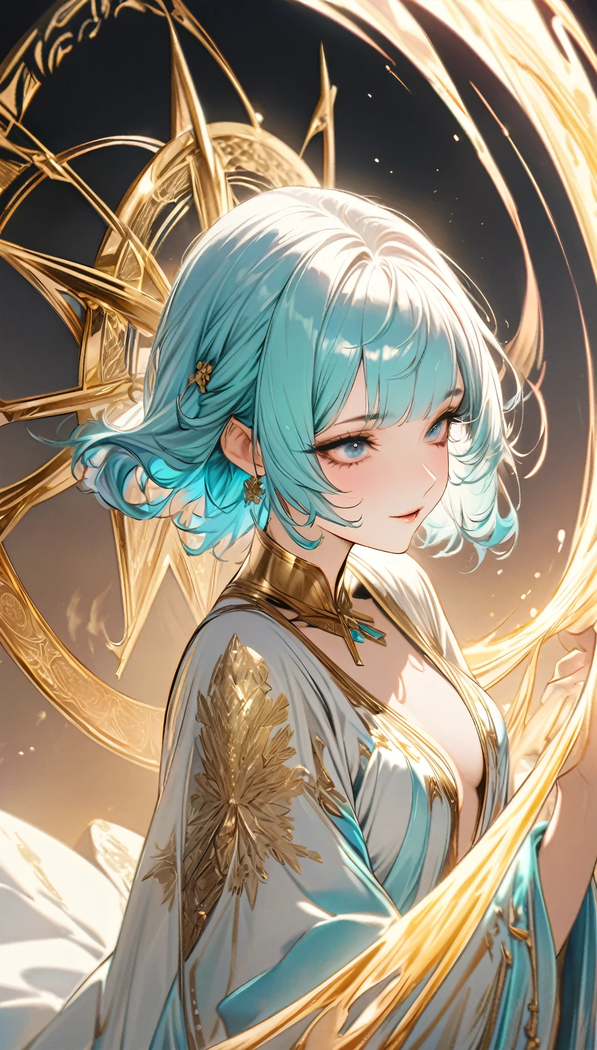 best quality, super fine, 16k, incredibly absurdres, extremely detailed, delicate and dynamic, cool and beautiful pretty goddess of goddesses, tiffany blue pixie cut, wearing large robe with gold embroidery that shows little skin, red and gold iridescent magic circle, background pastel colored smoke