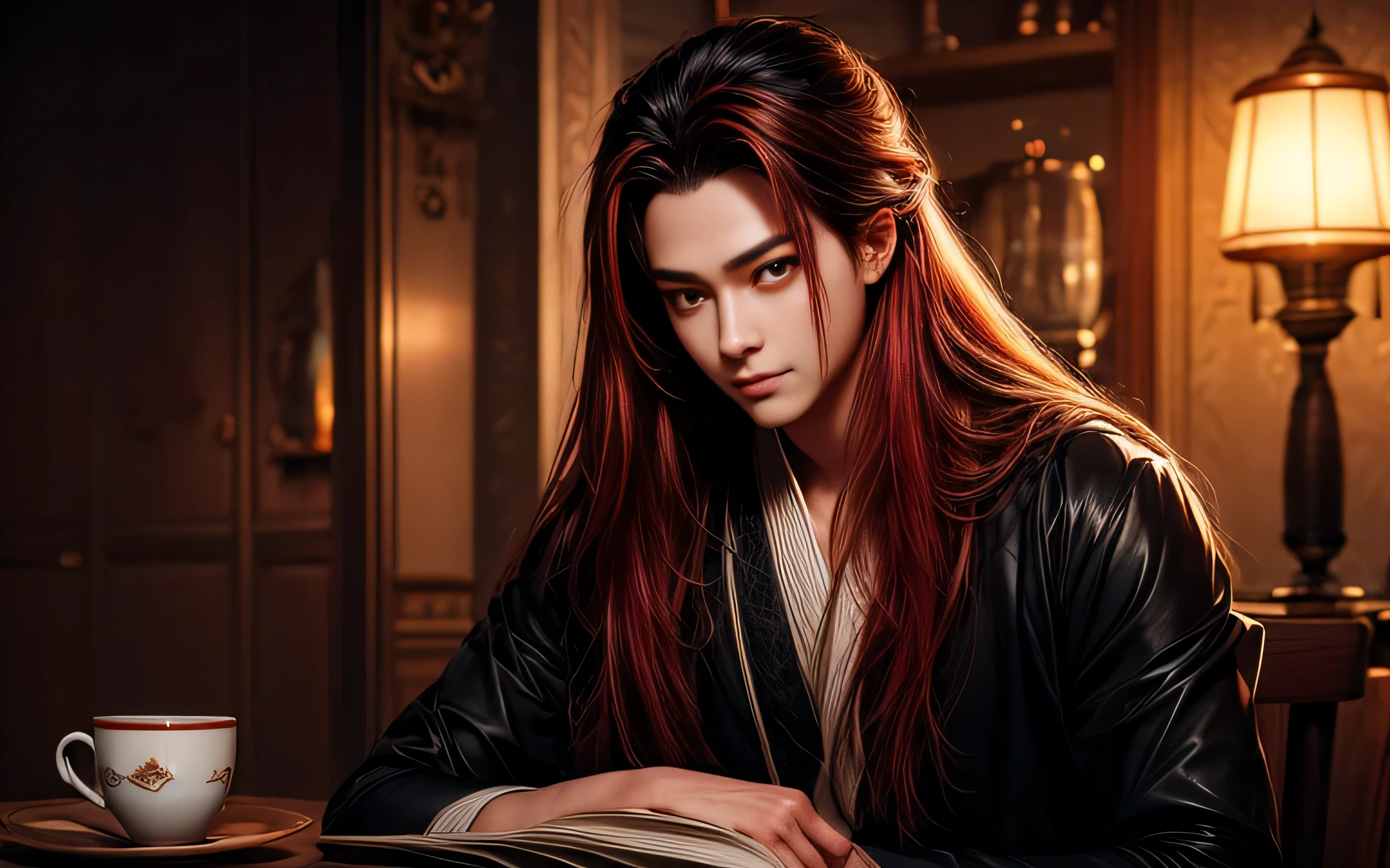 (Best Quality, 8K, Masterpiece, HDR, Soft Lighting, Picture Perfect, Realistic, Vivid), 1 Boy, 1 Red [Little Fox]), (Photo by Lee Dong Wook), Perfect Male Body, Eyes Looking into the Camera, (with long red hair, long bangs, Forehead, Smile, seductive, rich, anime - style image of a man sitting at a table with a cup of tea a character portrait by Yang J, trending on cg society, fantasy art, cai xukun, delicate androgynous prince, heise jinyao, beautiful androgynous prince, beautiful character painting, flowing hair and long robes, handsome guy in demon slayer art, realistic. cheng yi), color difference, Depth of field, dramatic shadow, Ray tracing, Best quality, Highly detailed computer graphics, 8K wallpaper, male model, [Carefully rendered hair [More about beautiful and shiny hair]],(Perfect hand detail [Beautiful fingers without breakage [Beautiful nails]]),(Perfect anatomy (Perfect proportions)) [[Resembles the whole body]],[Perfect color coordination (Accurate simulation of the interaction of light and material)],[Visual art that conveys a sense of storytelling].