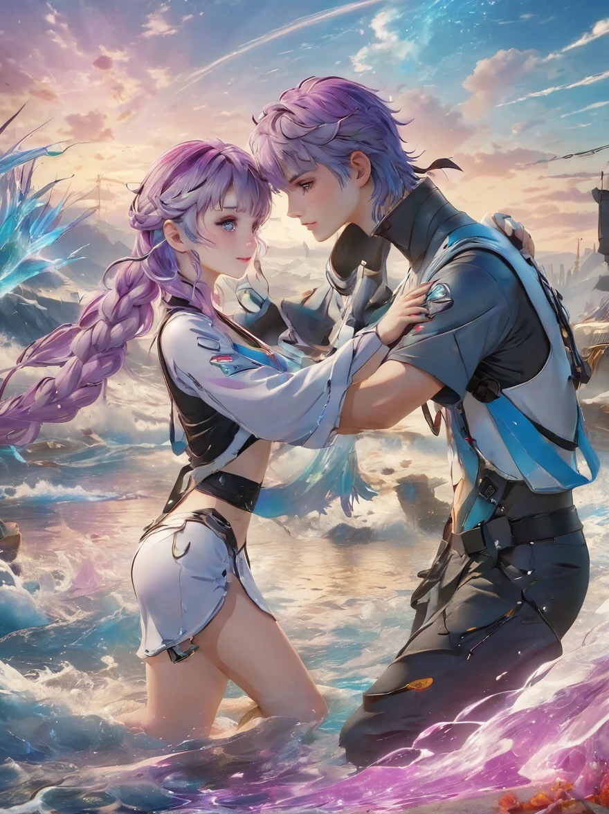 Hyperreal，Highest quality，detail，8k，masterpiece，(1 male and female couple:1.5)，(Light Boy and Dark Girl)，indifferent，Two contrasting people，indifferent，Respect each other，Kind，BREAK Bright Boy，(short hair，Black gradient:1.3，Bright colors)，(Purple Eye), Transparent glosirror-like reflection，Gloss，BREAK Dark Girl，(Braided ponytail，White-purple gradient:1.3，Long hair)，(Purple Eye), opaque，No shine，Dream rainbow，BREAK Neon light，Network data space，Dynamic perspective，Dream rainbow, High guess，Intense colors，Anatomically correct，1yj1