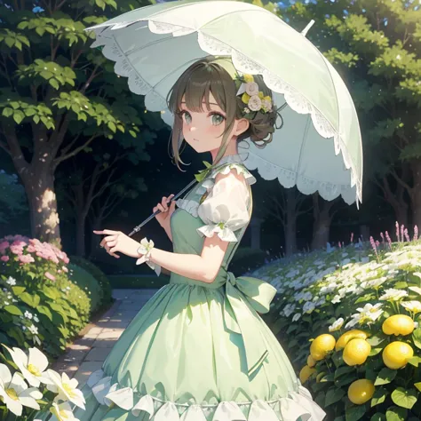 makes a 16 year old girl, , ojos de color gris, kawai, in profile with a lemon green and white victorian style dress and a lemon...